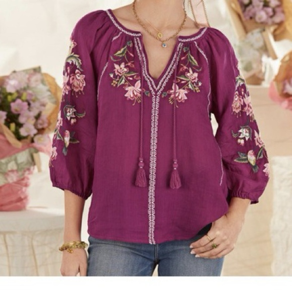 Sundance Plum Catalog Shayda Embroidered Blouse Petite Small